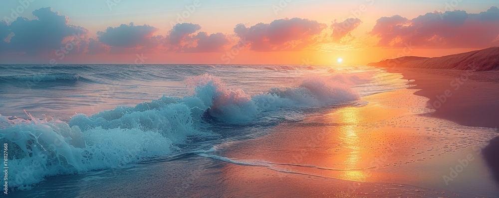 Gentle waves in a serene dusk landscape, inducing peace and tranquility - obrazy, fototapety, plakaty 