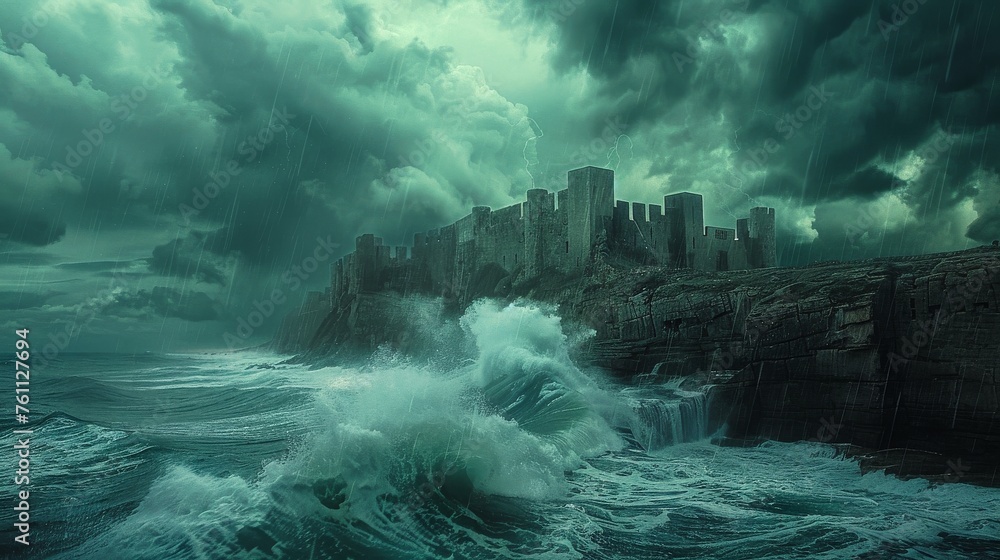 Obraz premium Impenetrable Fortress Amidst Turbulent Storms, Symbolizing Strength and Endurance