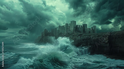 Impenetrable Fortress Amidst Turbulent Storms, Symbolizing Strength and Endurance