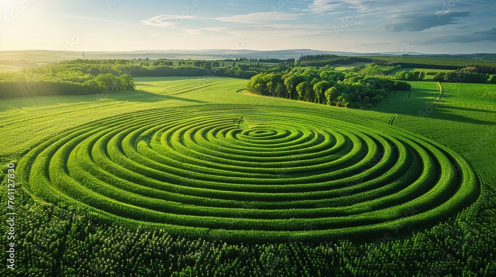 Top View of Spiraling Crop Circles Amidst Lush Green Fields Under Clear Skies, Invoking Awe and Mystery