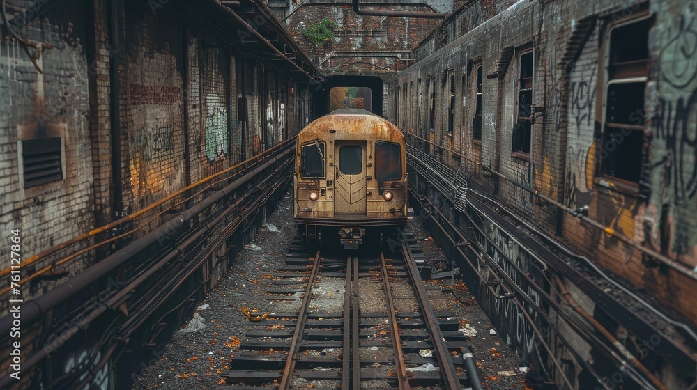Naklejka premium Rusty Train Approaching Abandoned Station, Echoing Memories and Urban Exploration
