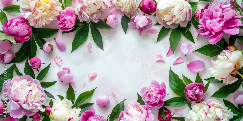 Top veiw of spring flowers arrangement. Empty frame for text, pink peonies flowers, jasmine leaves on a white background. Top veiw of spring flowers arrangement. Empty frame for text, pink peonies flowers, jasmine leaves on a white background.