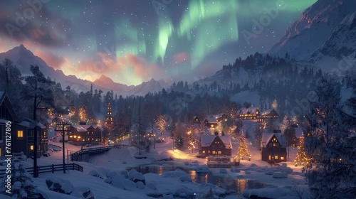 Northern Lights over Snowy Village  A Winter Night s Dreamlike Glow 