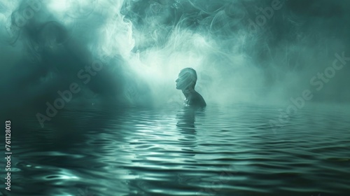 Man Emerging from Misty Waters, Evoking Contemplation and Mysterious Depths