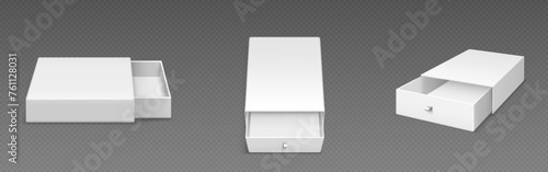 White empty open slide box with ribbon puller. Realistic vector illustration set of drawer shape cardboard package template for gift or presentation concept. Blank carton container with sleeve cover.
