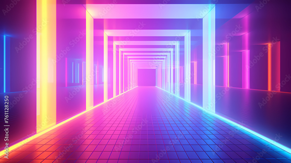 Futuristic sci-fi corridor with glowing and vibrant neon lights