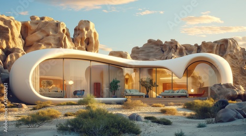 Luxurious desert home in bright daylight. A luxurious desert home basks in bright daylight displaying modern, organic architecture surrounded by rocky terrain. photo