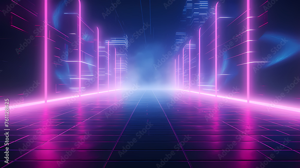 Futuristic sci-fi corridor with glowing and vibrant neon lights Futuristic sci-fi corridor with glowing and vibrant neon lights