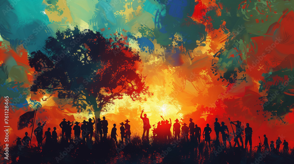 A diverse group of individuals stand together, silhouetted against a vibrant sunset, their figures blending with the warm hues of the sky, Juneteenth Independence Day.