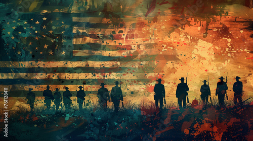 A vibrant painting featuring a diverse group of people standing proudly in front of an American flag, symbolizing unity and patriotism, Juneteenth Independence Day.