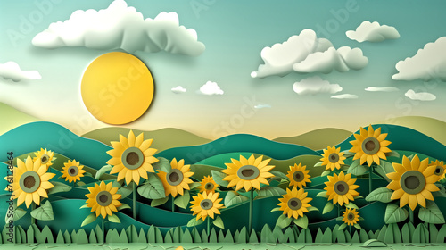 Papercraft art stock image of Sunrise over a field of sunflowers