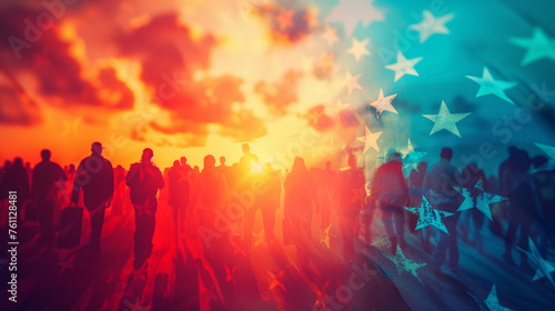 A diverse group of individuals are standing together in front of an American flag, united in their patriotism and pride for their country,Juneteenth Independence Day.