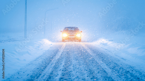 car with bright headlights piercing through heavy snowfall