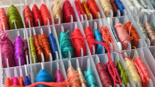 Box of colorful yarn