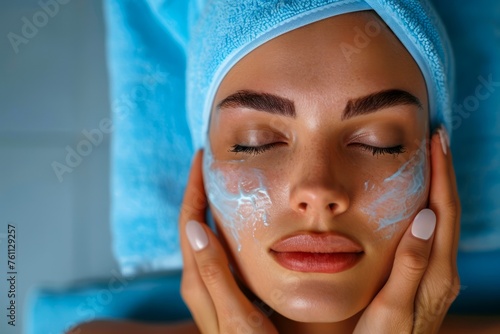 Close-Up of Serene Young Woman with Facial Moisturizer and Glowing Skin in a Spa Setting