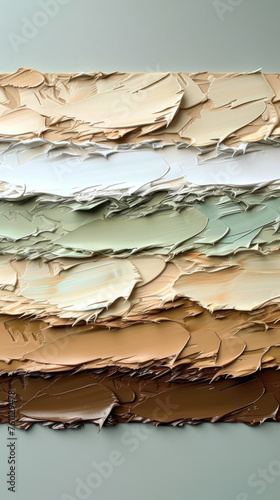 series of textured, layered layers of paint, with colors moving from light green to brown to white in a multi-layer transition. The paint is thick and noticeably textured, with visibly layered and wav