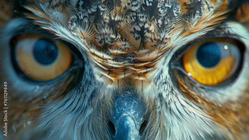 Close-up of a great horned owl's face with piercing yellow eyes Close-up of a great horned owl's face with piercing yellow eyes