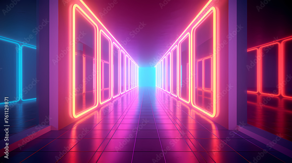 Modern corridor illuminated by neon lights Modern corridor illuminated by neon lights