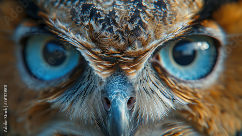A close-up portrait of an owl's large eye with brown feathers around it