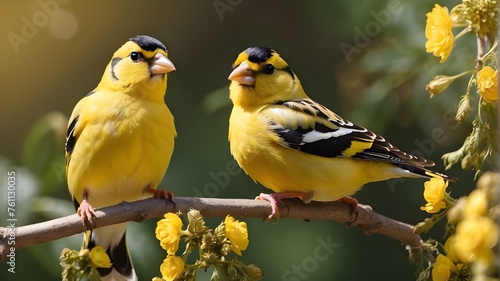 A pair of goldfinches basking in the sunlight, their feathers gleaming as they hop from branch to branch.