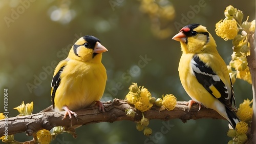 pair of yellow and blue birds, A pair of goldfinches basking in the sunlight, their feathers gleaming as they hop from branch to branch. © Waqasiii_Arts 