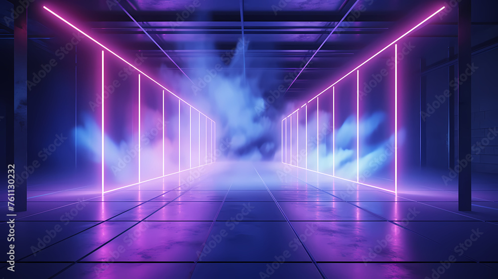 Modern corridor illuminated by neon lights Modern corridor illuminated by neon lights
