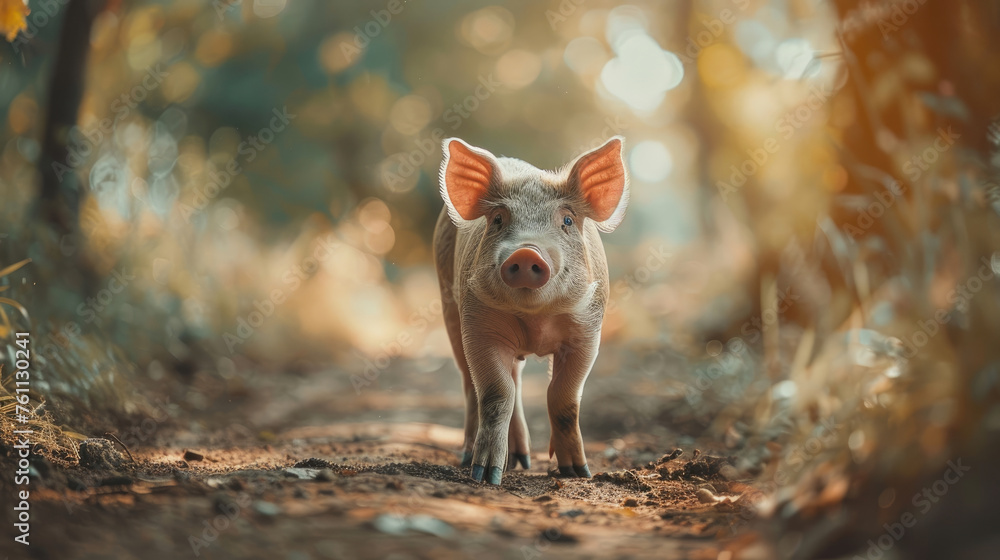 Piglet is standing on a trail in the forest Piglet is standing on a trail in the forest