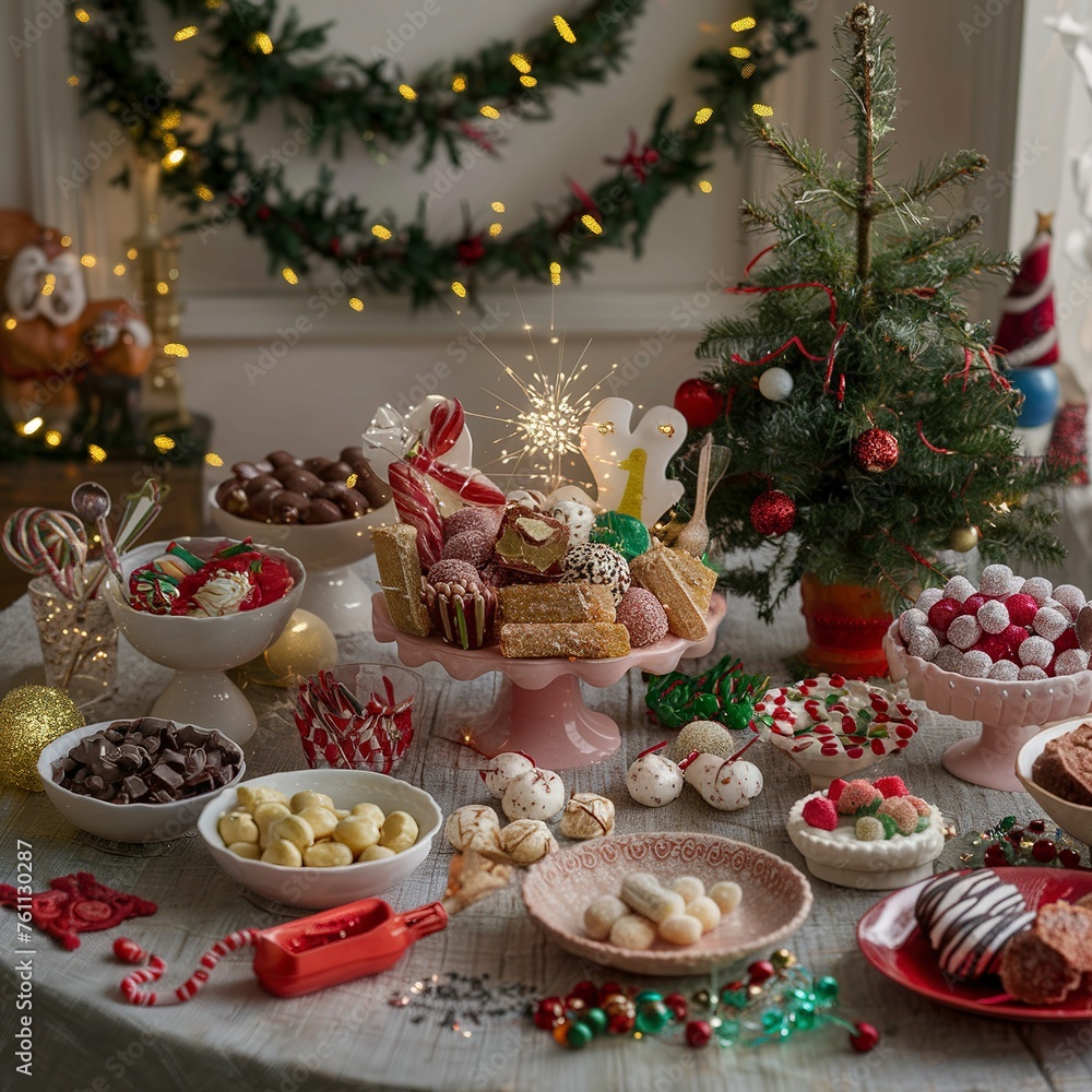 Happy new year table with sugar and chocolate and christmas decorations