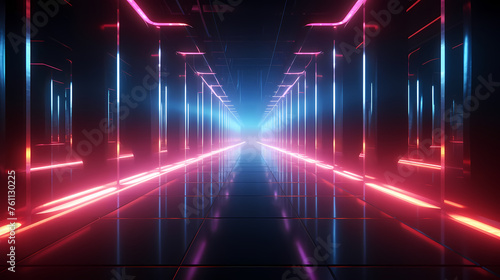 Modern corridor illuminated by neon lights