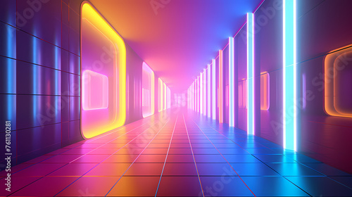 Modern corridor illuminated by neon lights