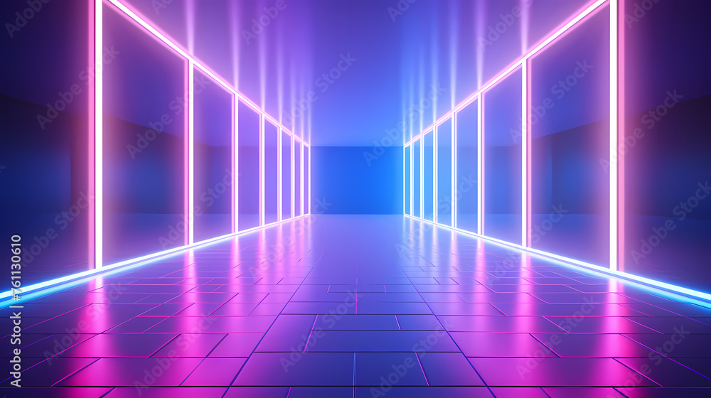 Modern corridor illuminated by neon lights Modern corridor illuminated by neon lights