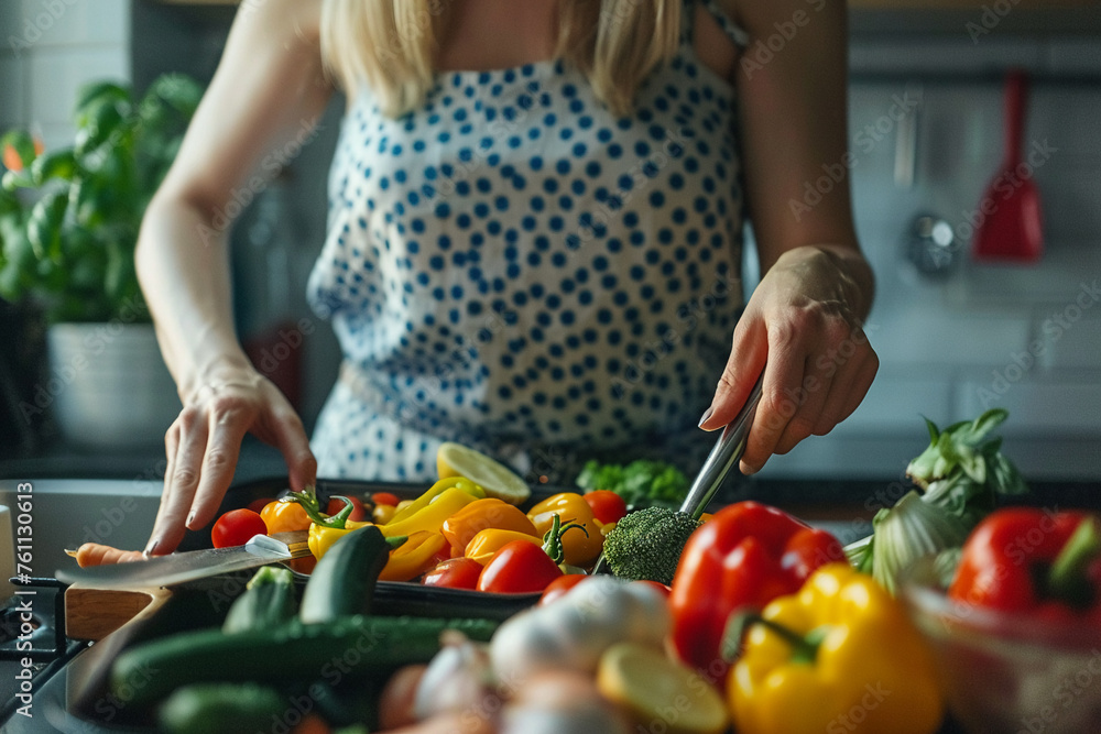 Fit woman preparing low-fat meal brightly colored vegetables