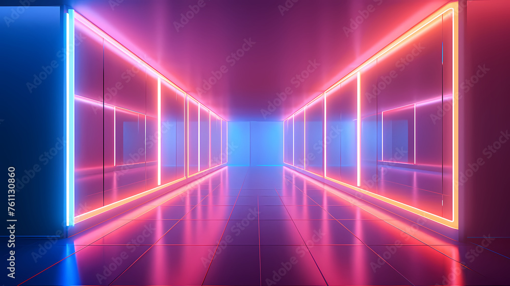 Modern corridor illuminated by neon lights Modern corridor illuminated by neon lights