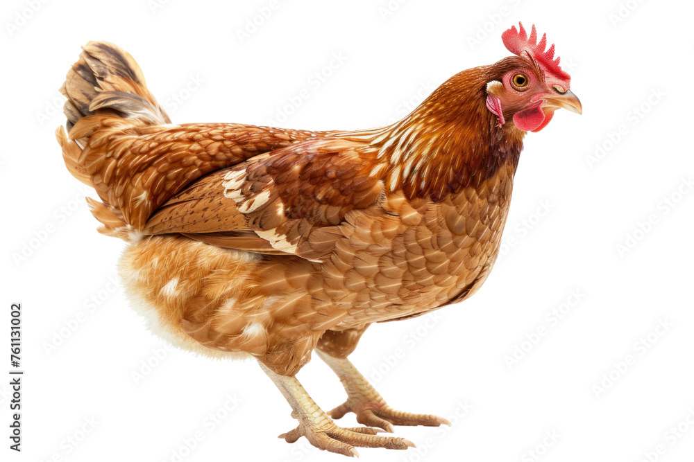 
brown chicken hen standing isolated white background use for far first person view realistic daylight