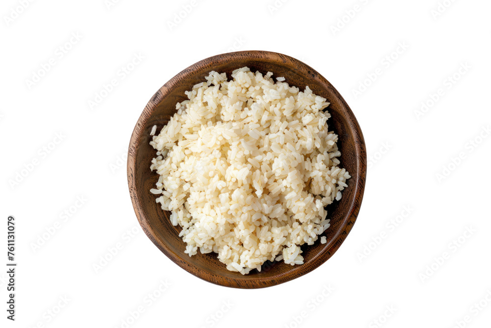 
bowl of boiled rice isolated on white background, top view. Realistic daytime first person perspective