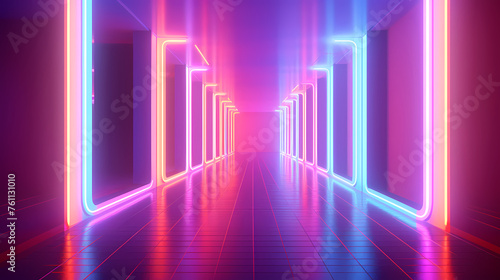 Modern corridor illuminated by neon lights