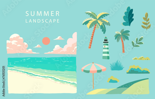 beach elements with sea,sand,sky.illustration vector for a4 page design