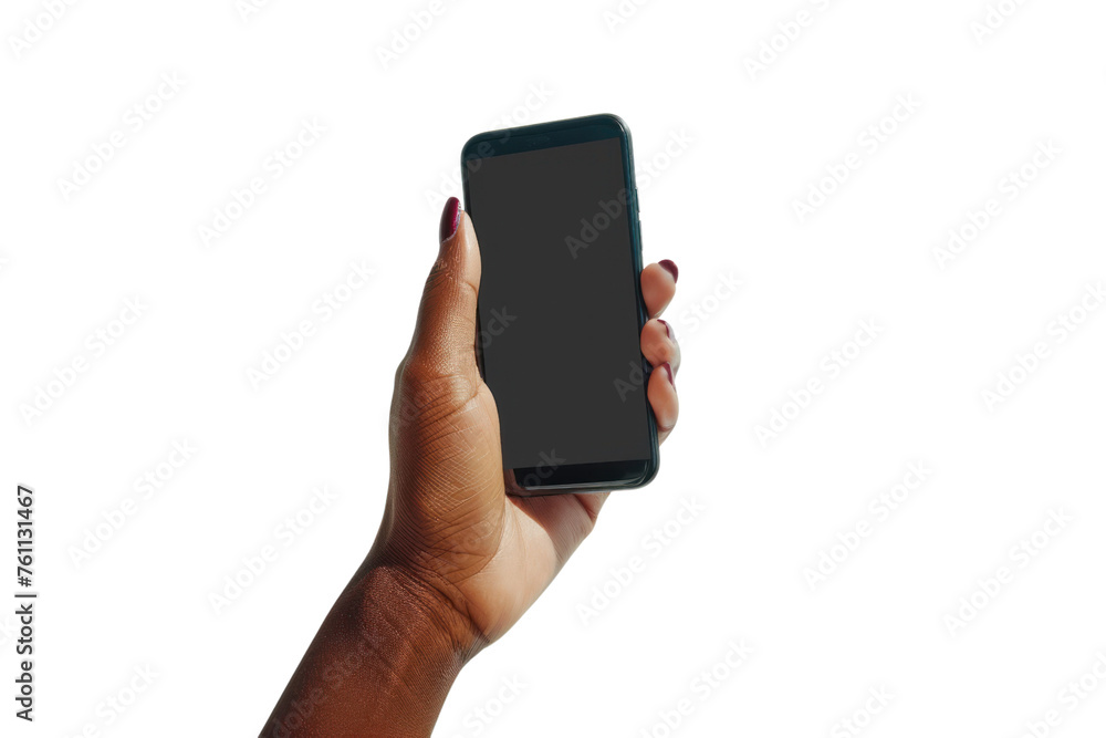 Black woman hand holding modern smart phone isolated on white background first person view realistic daylight
Black woman hand holding modern smart phone isolated on white background first person view realistic daylight