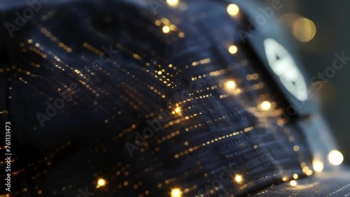 A closeup of a stylish baseball cap featuring a unique pattern of conductive thread. The threads connect to a small microcontroller that activates LED lights on the brim illuminating photo