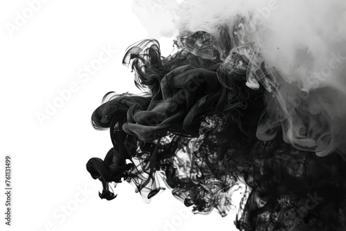  black smoke isolated on white background, Abstract design with copy space, design element. Smoke texture freeze motion dark powder smooth Realistic daytime first person perspective