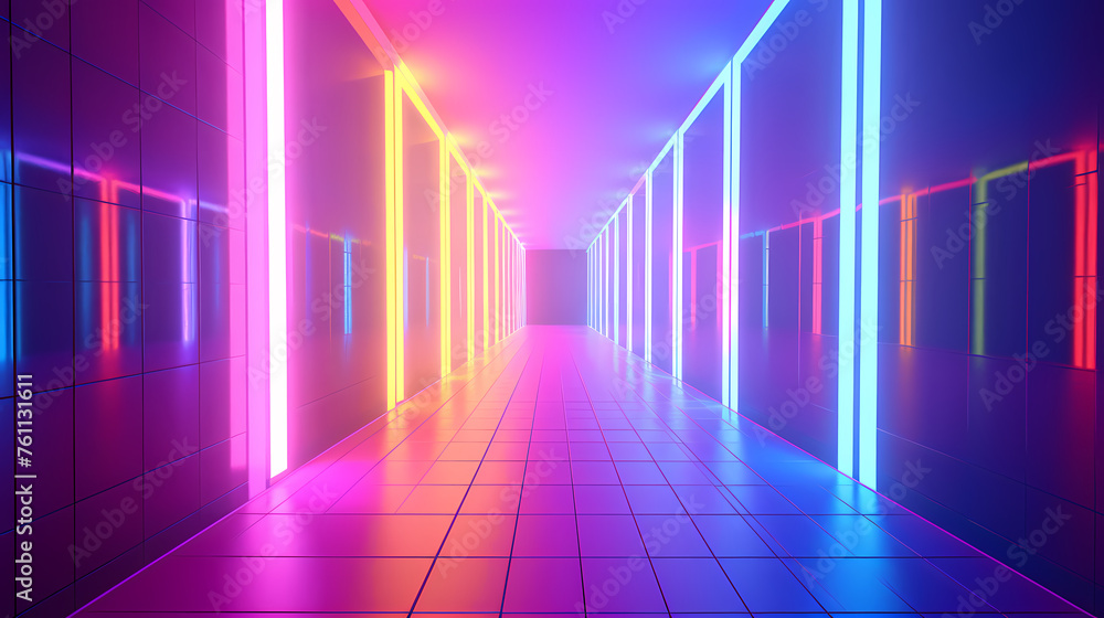 Modern corridor illuminated by neon lights Modern corridor illuminated by neon lights