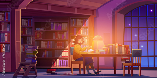 Young woman reading book and making research in public library at night. Cartoon vector female student in dark bookstore room interior with light from lamp on wooden table with stack of literature.