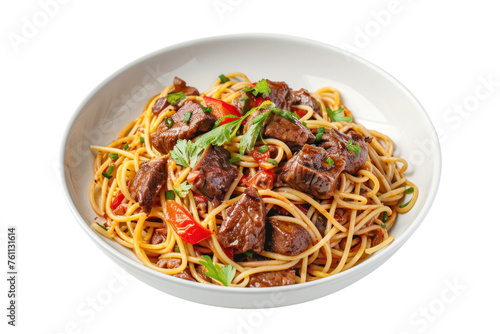  beef spaghetti on white bowl isolated on white background Real daytime first person perspective