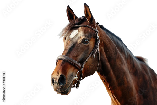  Bay sport horse isolated on white background first person view realistic daylight