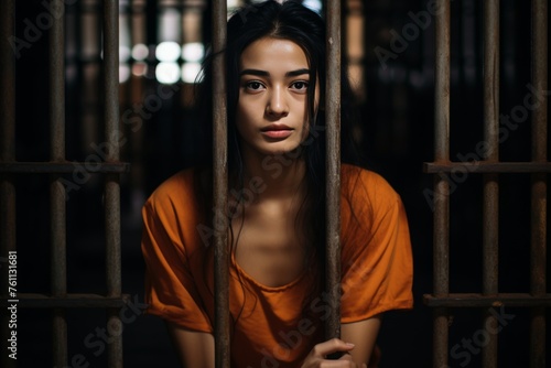 Portrait of a female prisoner staring intently into a cell behind the bars of a prison cell. Women&#039;s colony