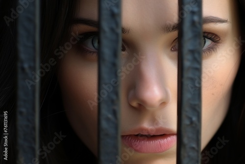 Portrait of a female prisoner staring intently into a cell behind the bars of a prison cell. Women's colony photo