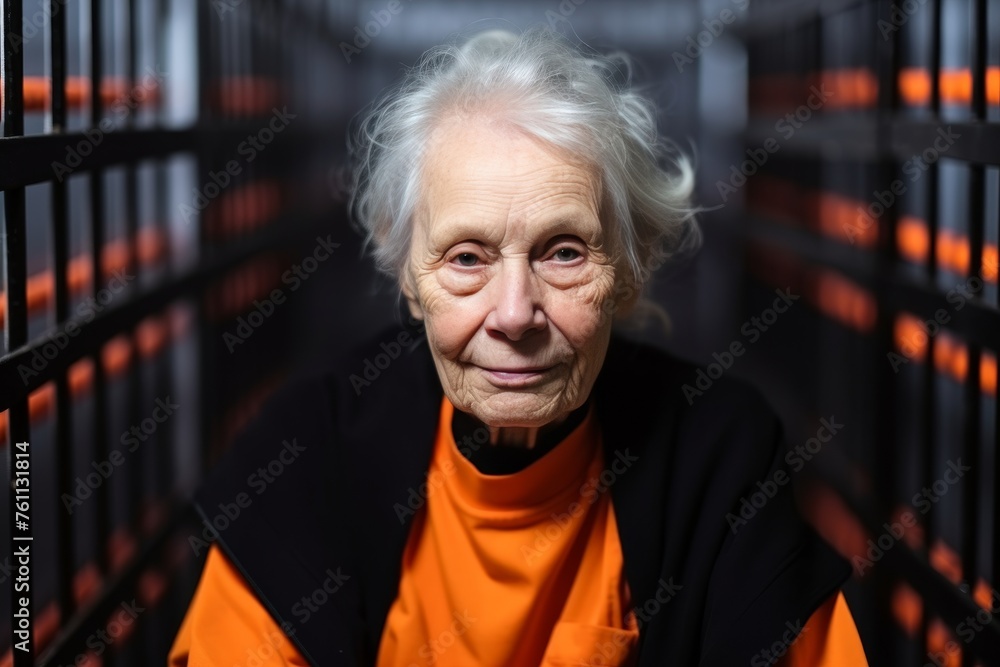 Senior woman in prison uniform sits behind bars in dark prison for criminal acts leaving free life. Fair punishment of perpetrator for prohibited events. Woman angry face and hatred of female - obrazy, fototapety, plakaty 