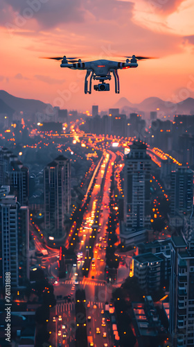 As twilight descends over the urban landscape, a drone takes flight, hovering above the bustling traffic below.