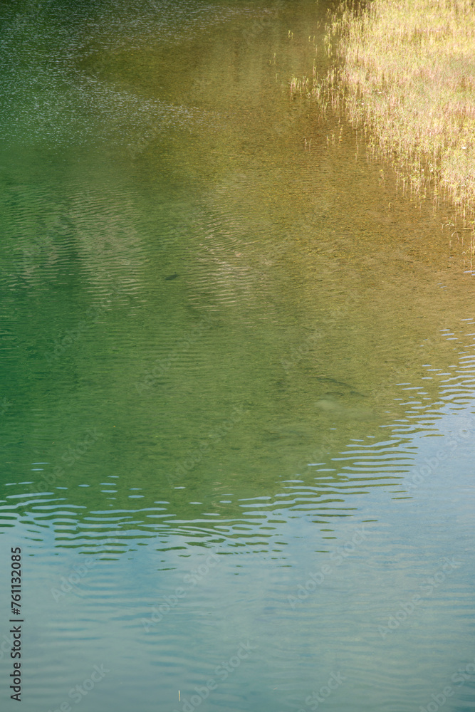 Fototapeta premium View of the riverside with the ripples and reflection