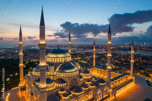 Camlica Mosque in the Sunset Colors Drone Photo, Camlica Hill Uskudar, Istanbul Turkiye (Turkey) photo